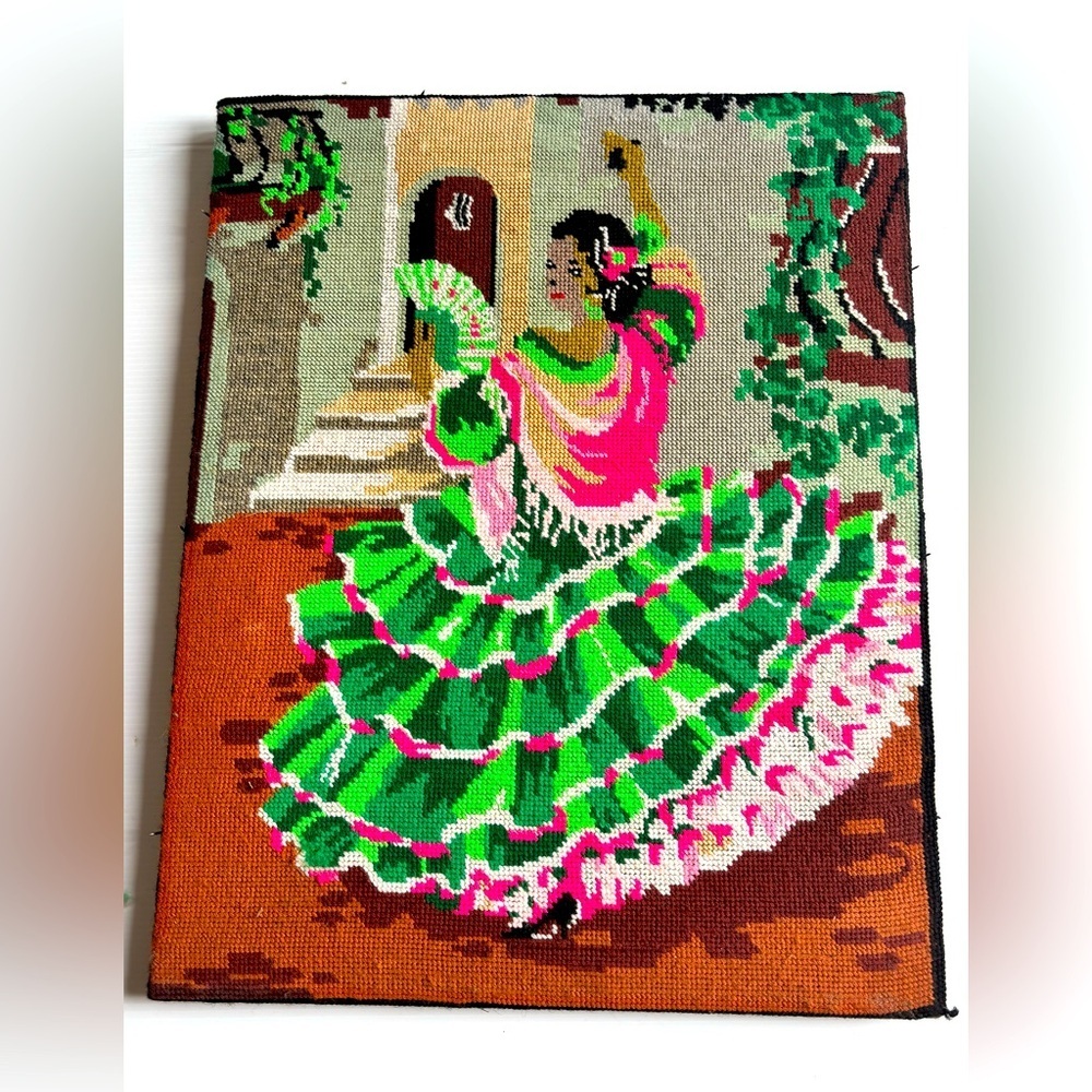 Vintage Framed Tapestry Needlepoint Danseuse Espagnole Art